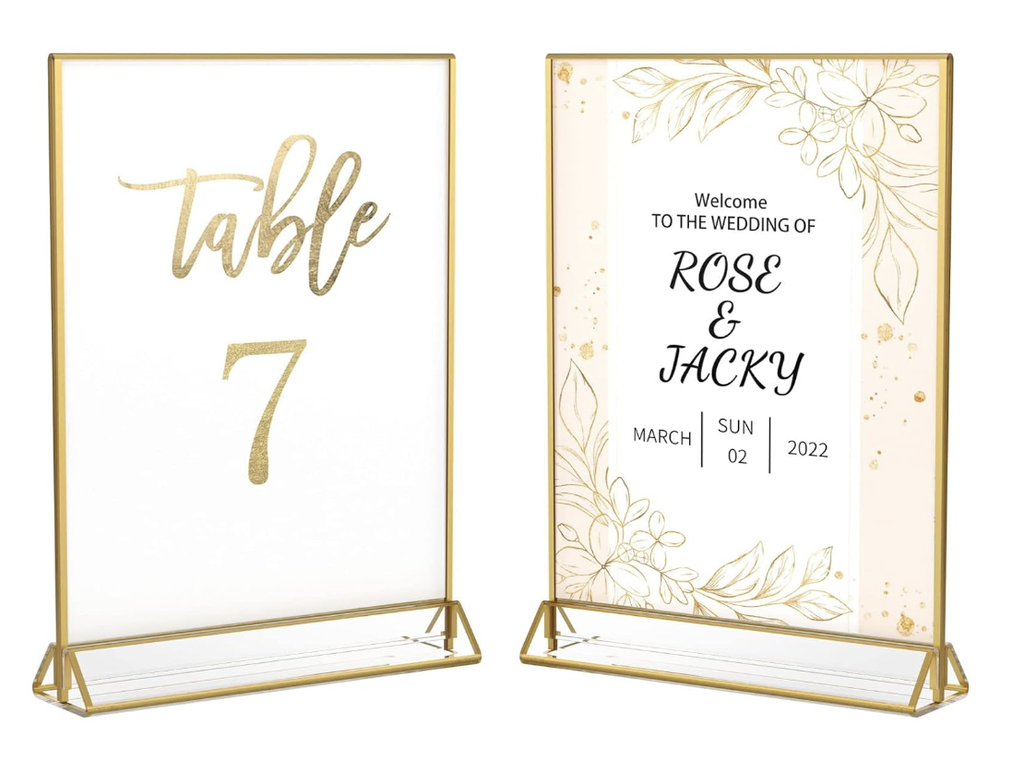 Clear Acrylic Sign Holder with Gold Borders and Vertical Stand (4x6 Inch)