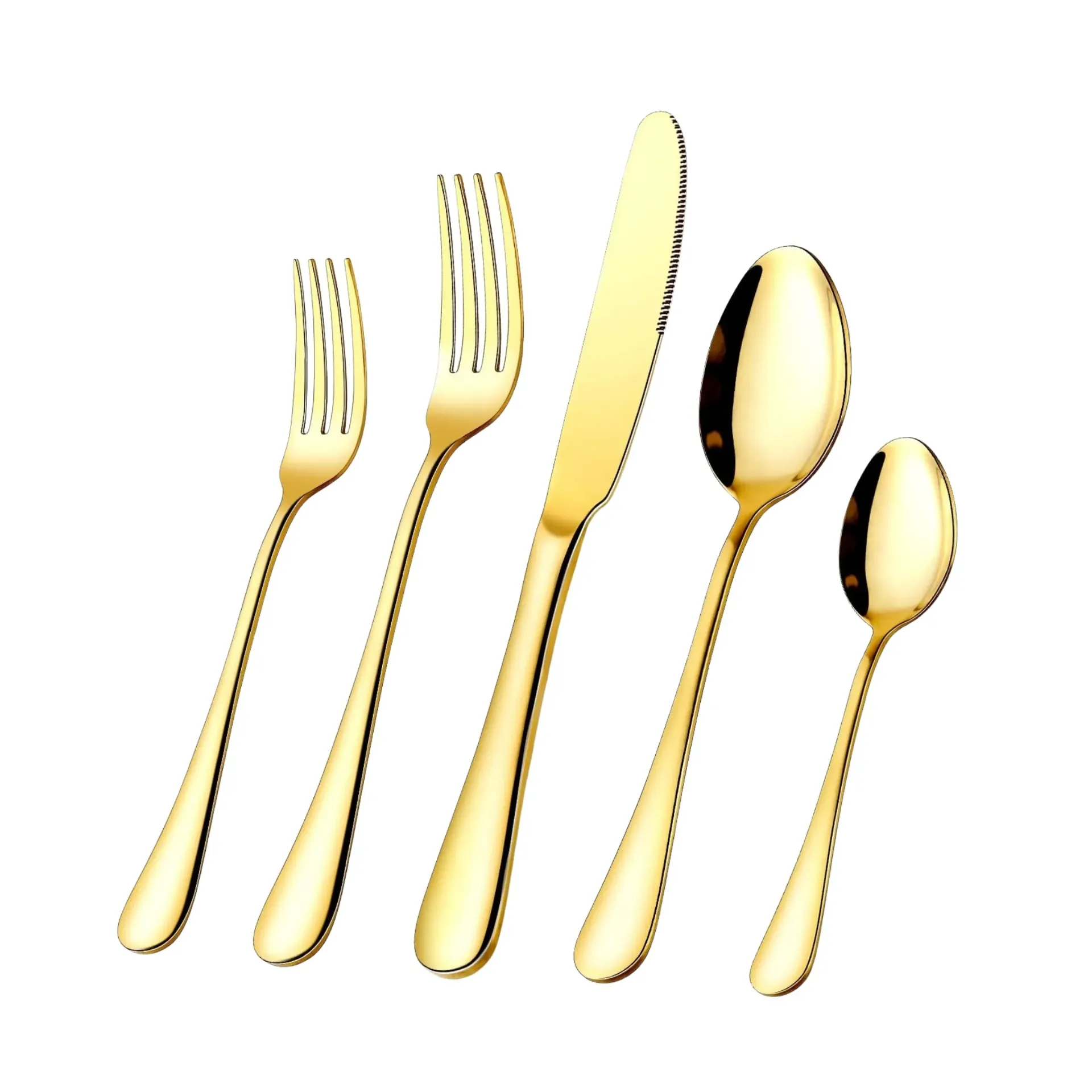 Gold Stainless Steel Flatware Silverware Set of 5: Big Fork, Small Fork, Knife, Big Spoon, Small Spoon 